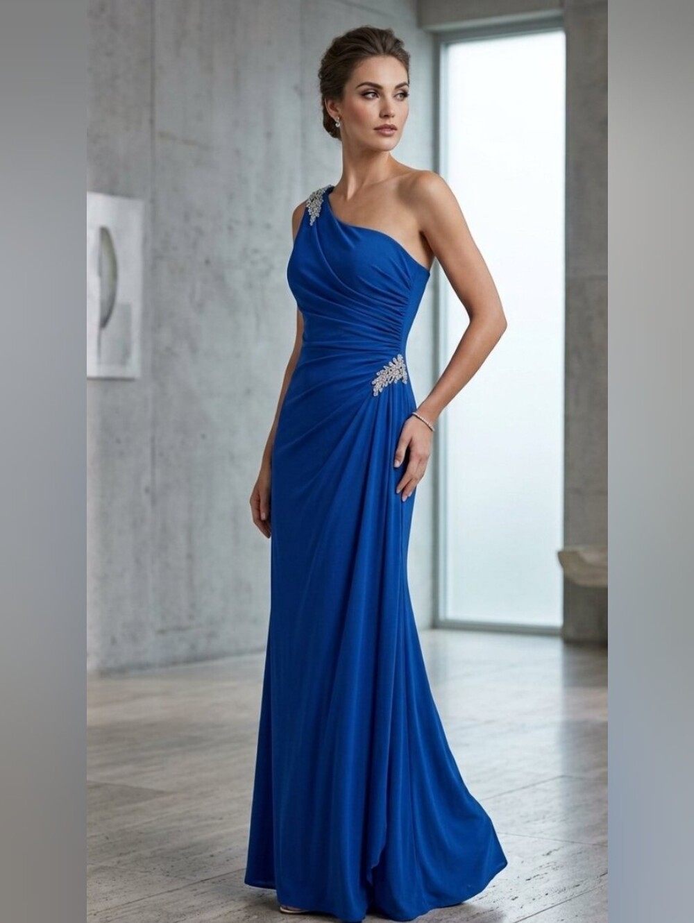 Alex Evenings Size 10 One-Shoulder Navy Wedding Evening Gown with Beaded Accents